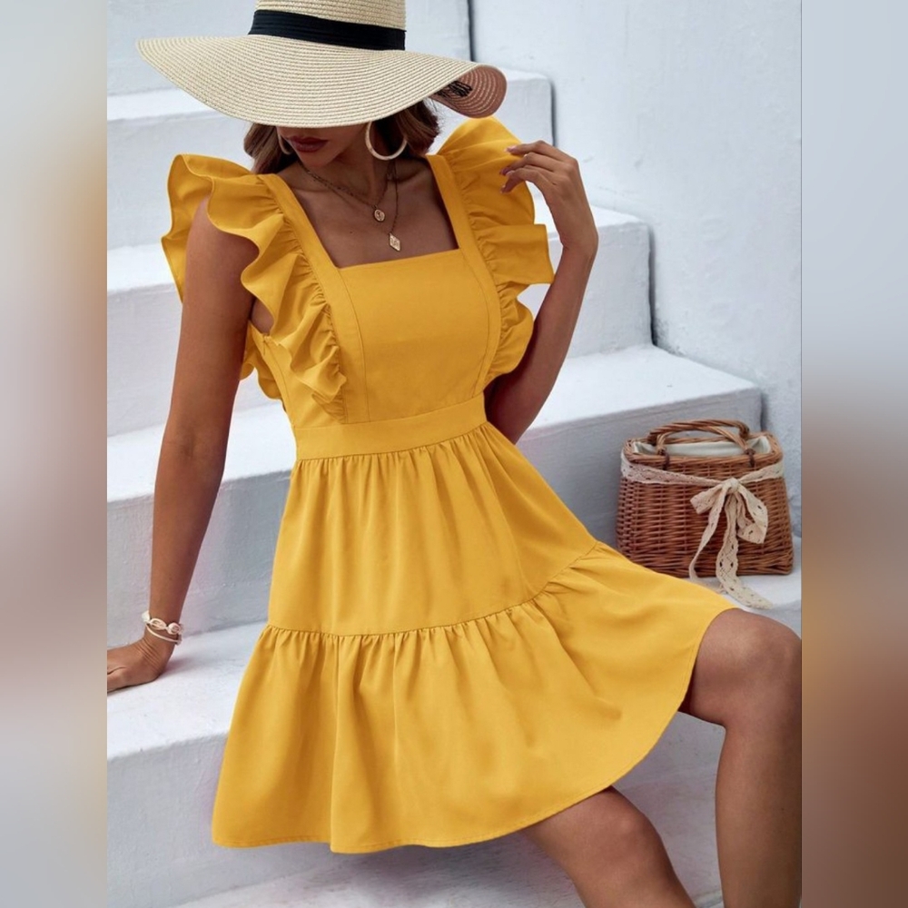 Shein Vcay Yellow Ruffle Sleeve Dress Size Small